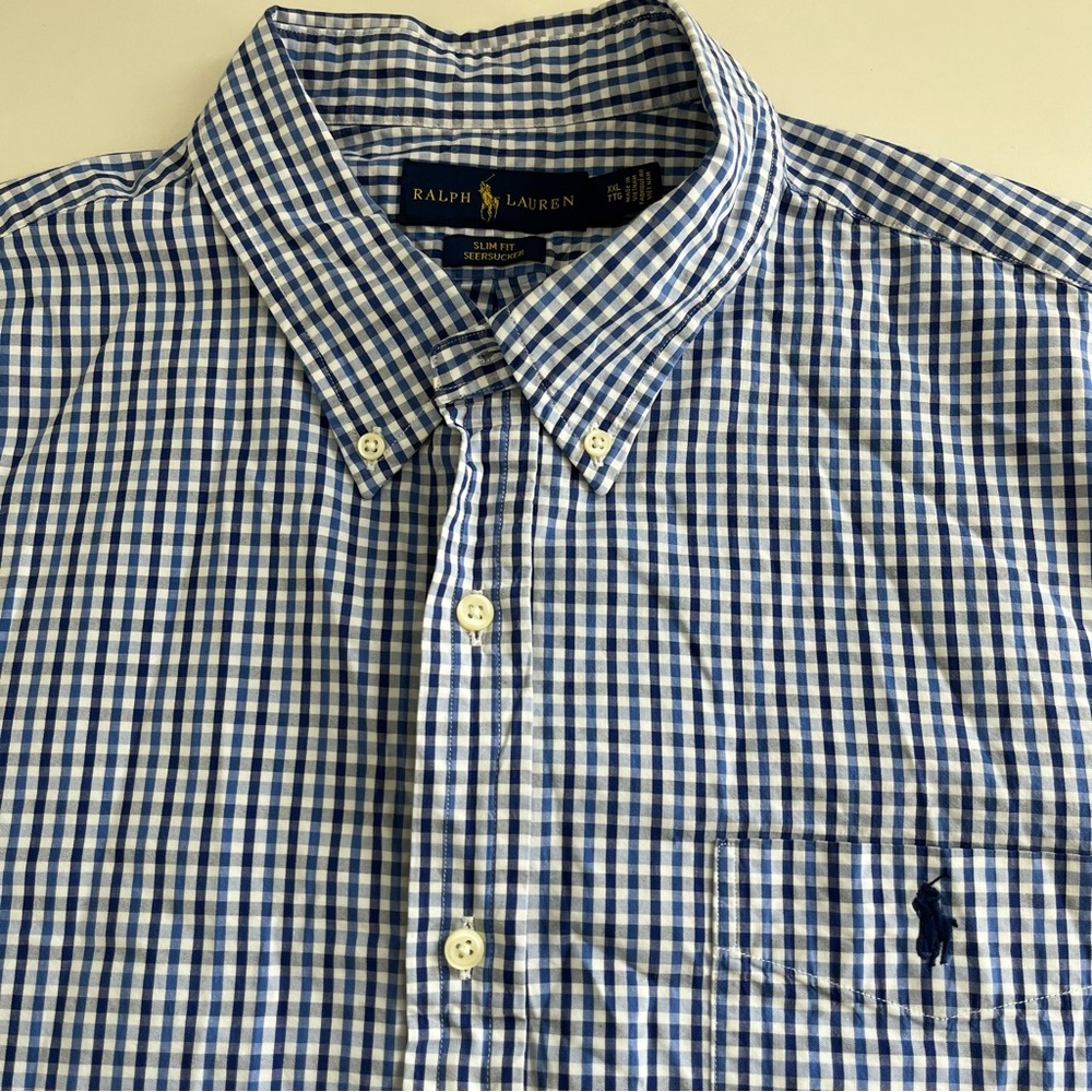 Ralph Lauren Men’s Slim Fit Seersucker Short Sleeve Button down XXL blue plaid